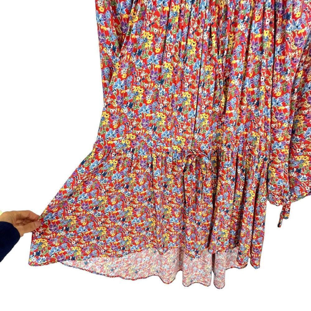 Perseverance London Dress Womens Small Red Floral Boho Cottage Core Tie Gathered - Picture 10 of 13